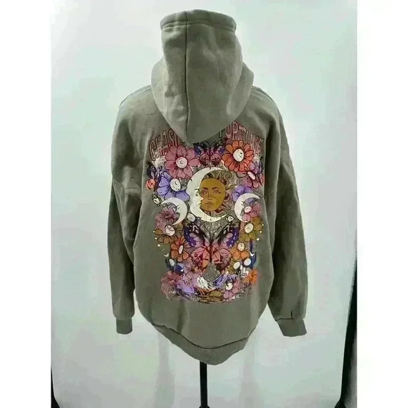 No Comment Women's Gray Whimsical Floral Sun and Moon Hoodie - Sz Large - Picture 3 of 7